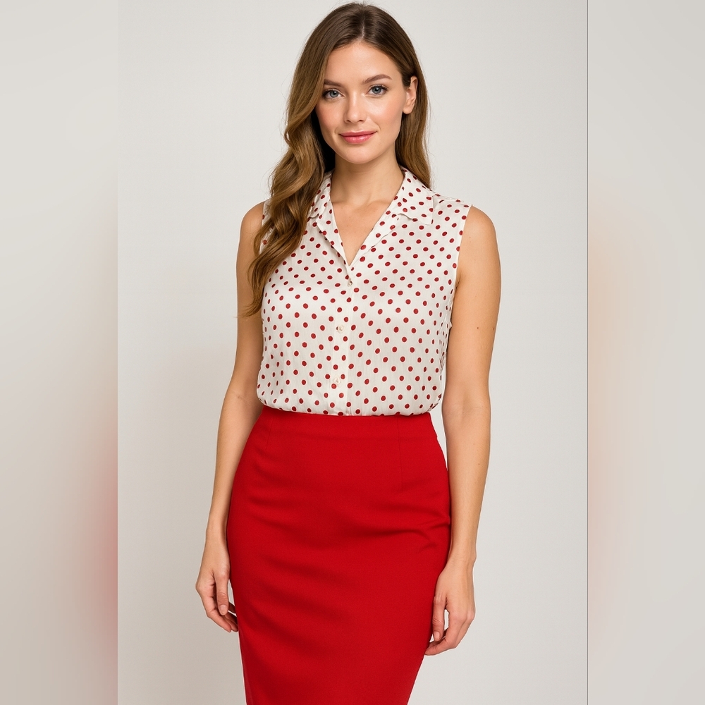 Tahari Arthur S. Levine Silky Feeling Red & White Polka Dot Blouse